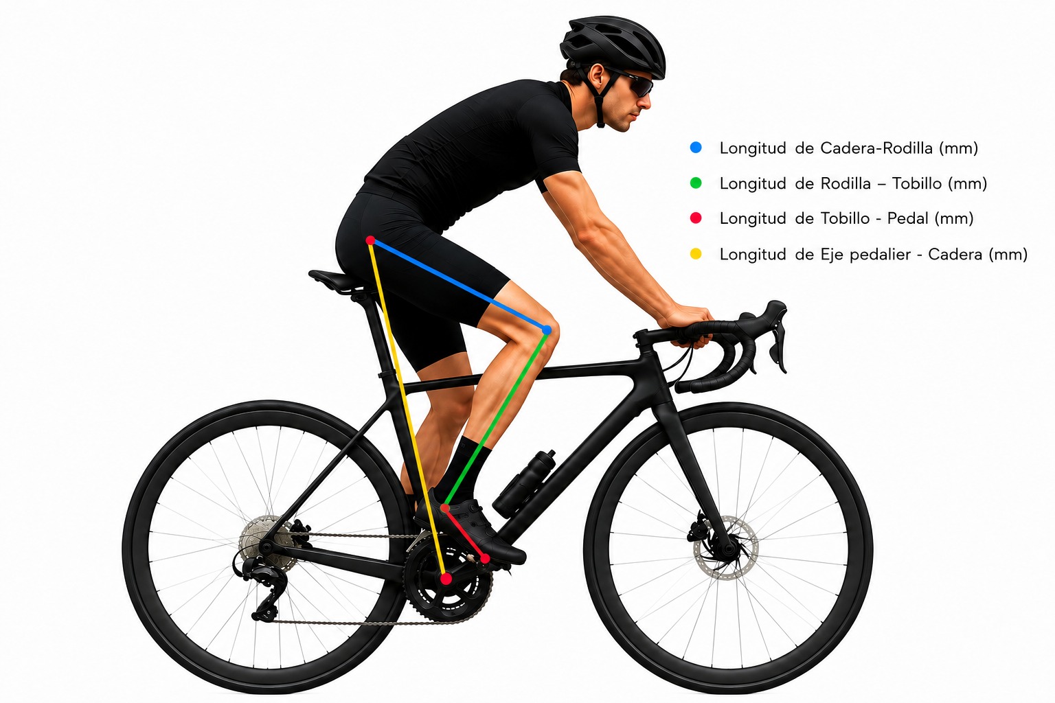 Esquema de las cuatro medidas: cadera–rodilla, rodilla–tobillo, tobillo–pedal y eje pedalier–cadera